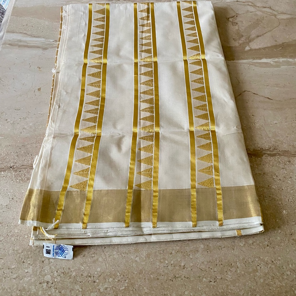 Cream gold cotton saree sari Onam Vishu Set sari new
